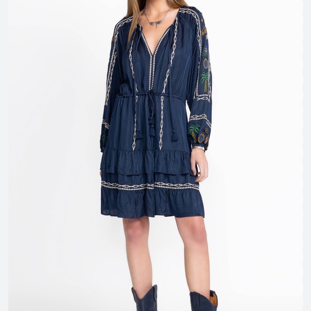 Johnny Was Jade collection embroidered dress in navy blue. Rare XS size.